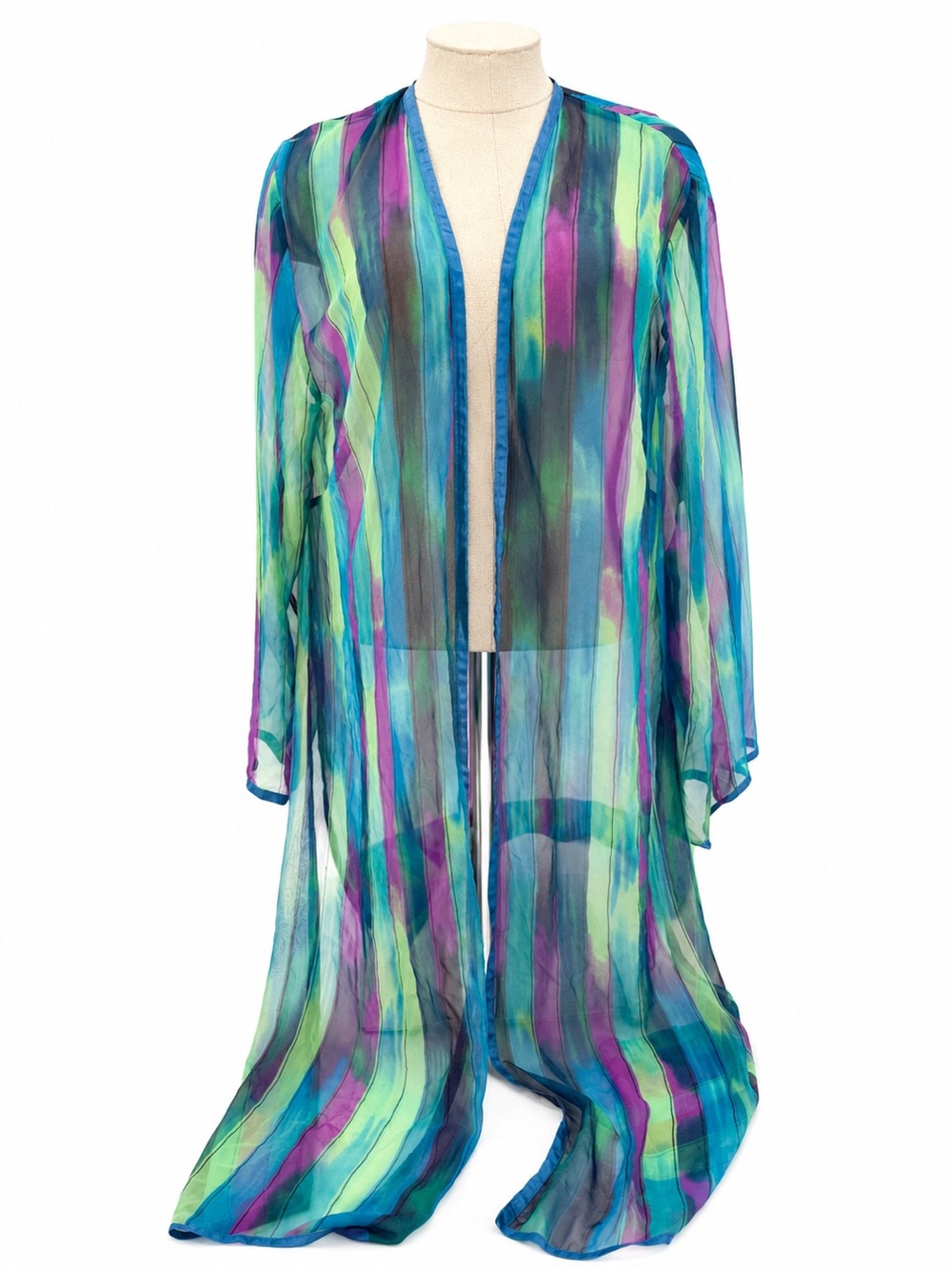 Maggie Shepherd Colorful Striped Kimono Overlay Sheer Size Large Swim Cover